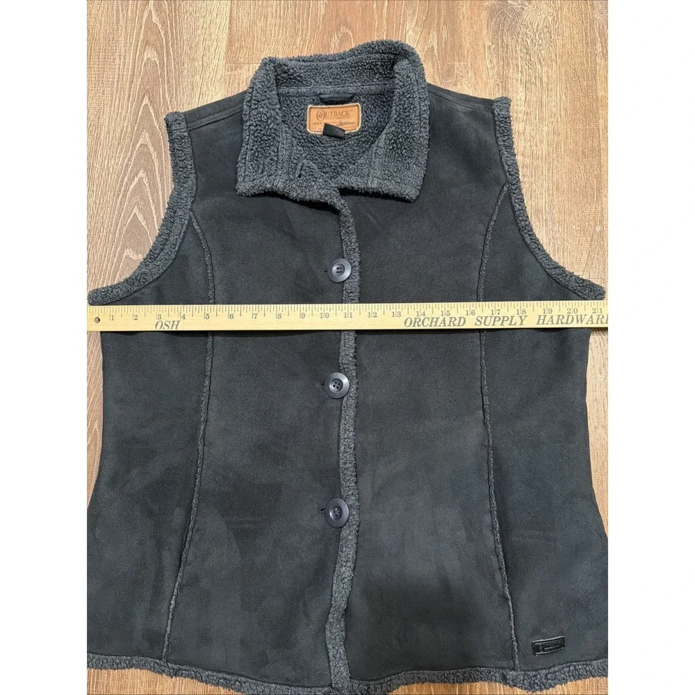 Outback Trading Company Black Gray Shearling Trim Button Vest Women Sleeveless L